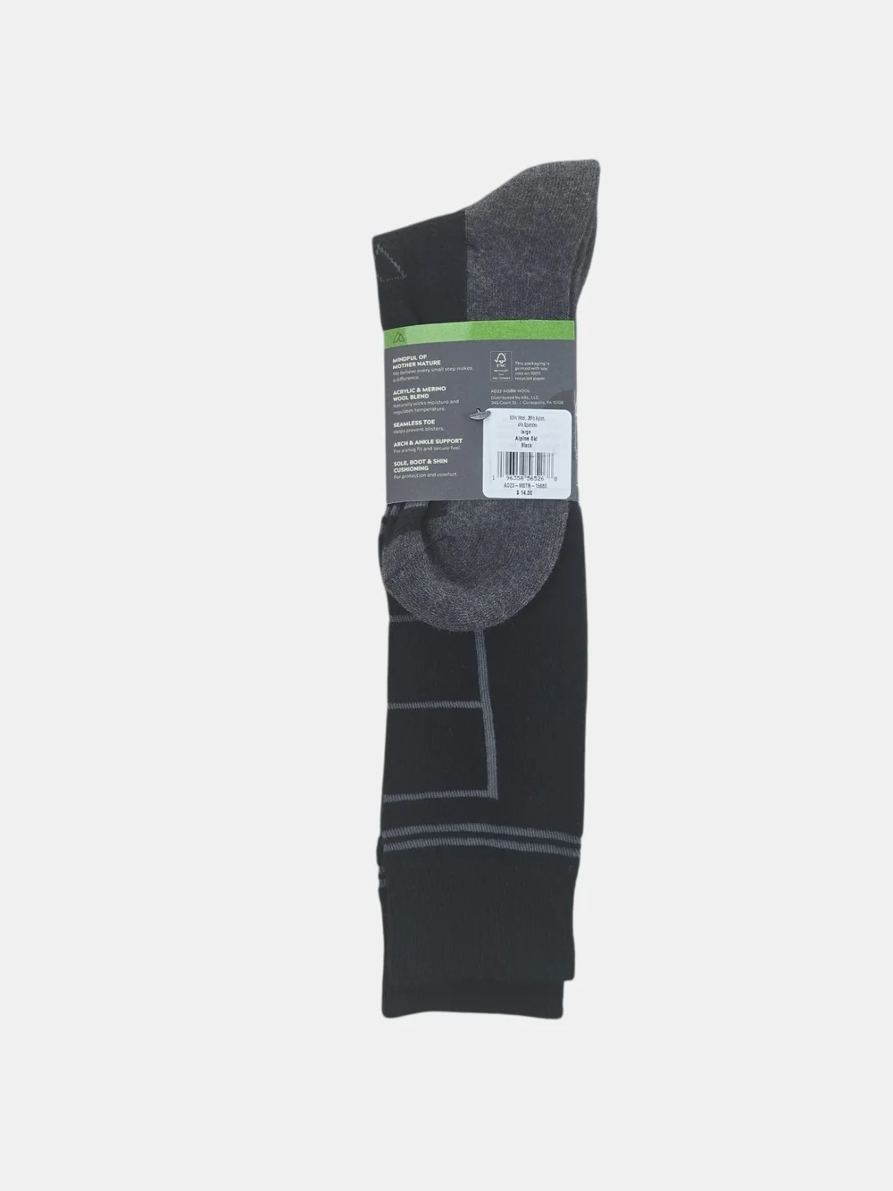 Alpine Design Calf Cut Merino Wool Hiking Socks Medium Width Black 8-12 Large